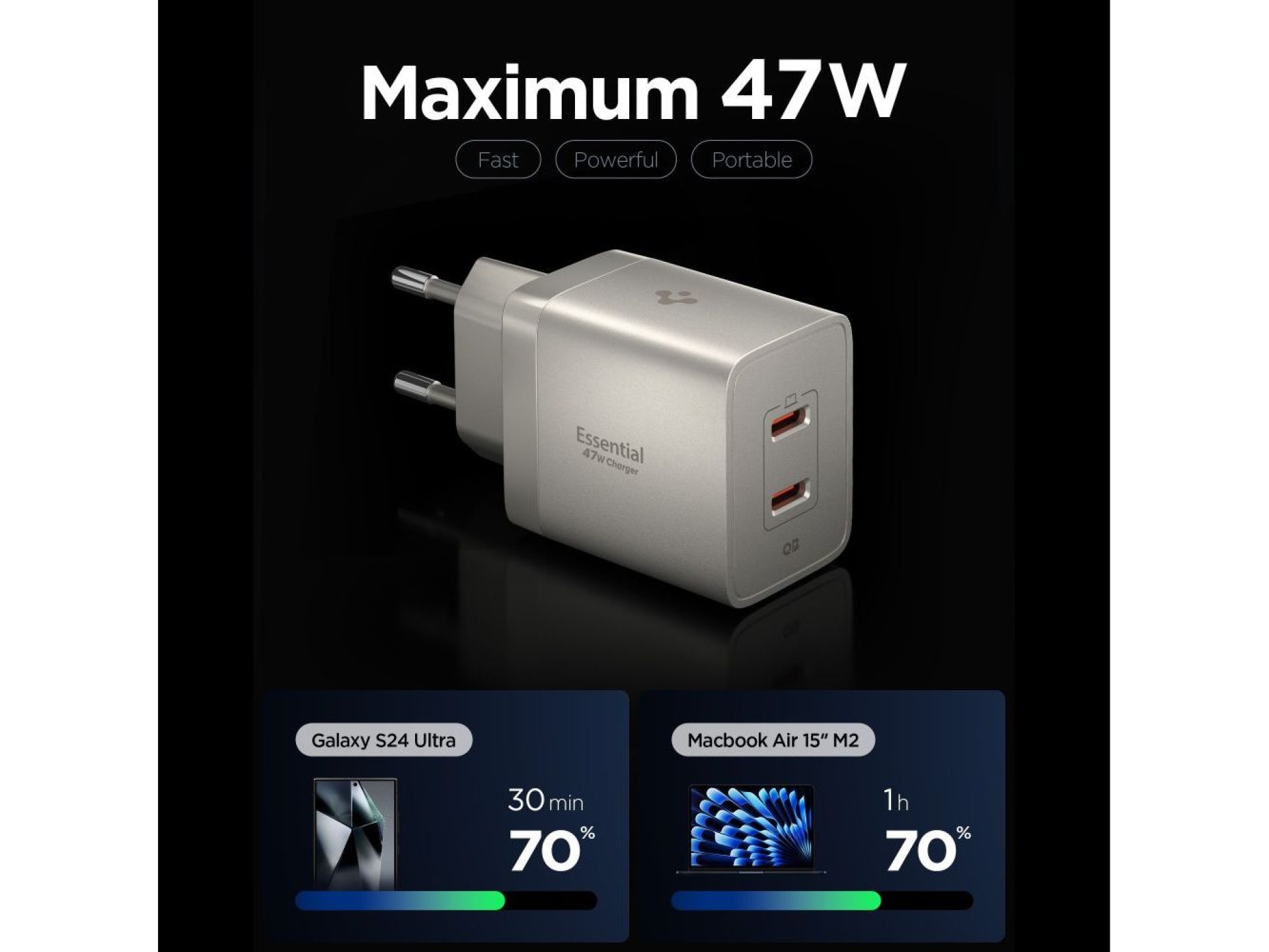 Spigen Essential EE472EU-GAN 2-Port 47W Wall Charger - Titanium