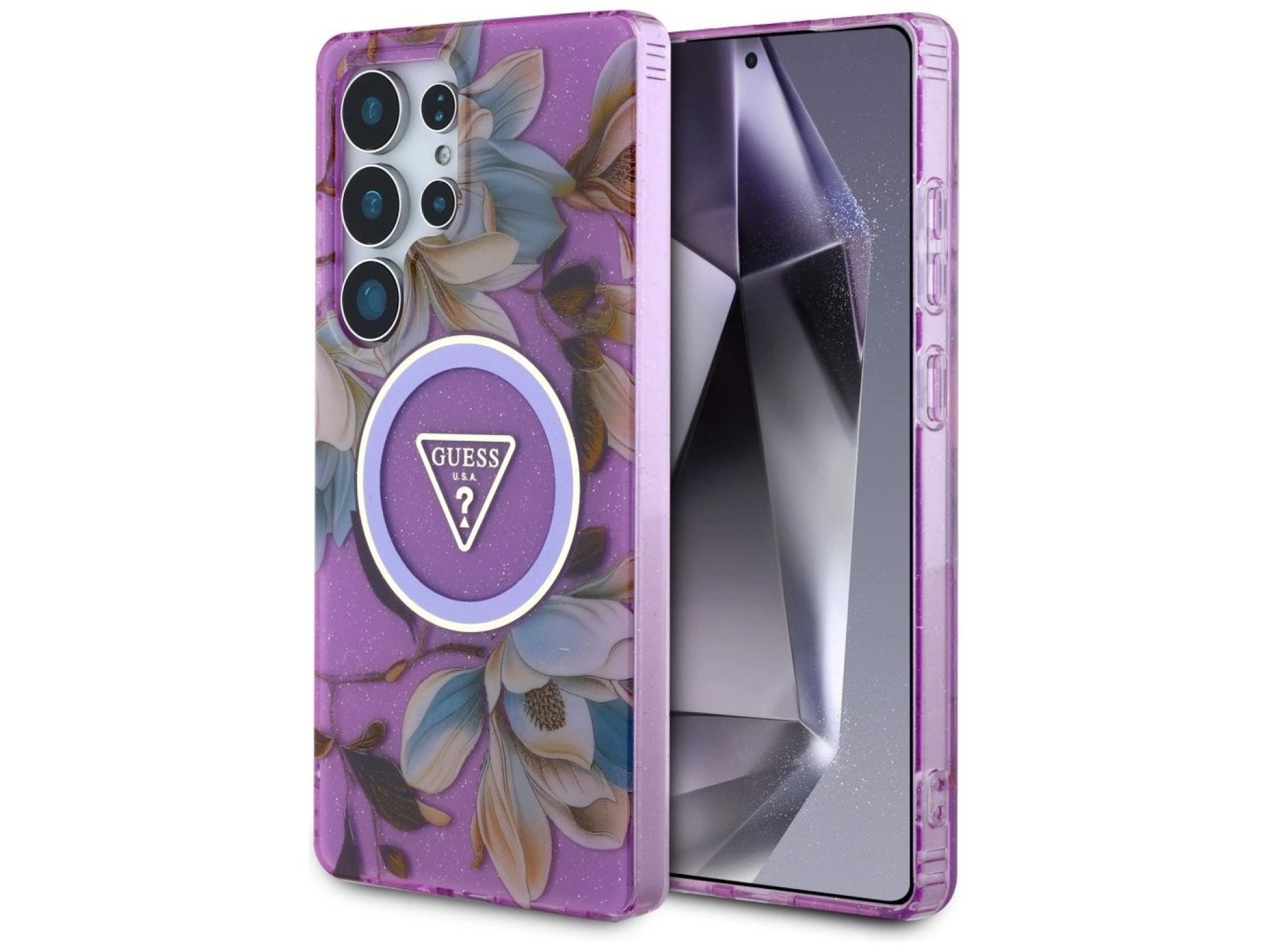 Guess Glitter Flowers Triangle Buttons MagSafe case for Samsung Galaxy S25 Ultra - purple