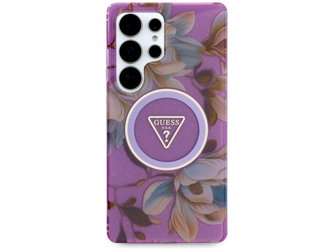 Guess Glitter Flowers Triangle Buttons MagSafe case for Samsung Galaxy S25 Ultra - purple