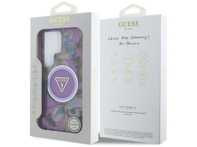 Capa Guess com glitter, flores e botões triangulares MagSafe para Samsung Galaxy S25 Ultra - roxa Capa Guess com glitter, flores e botões triangulares MagSafe para Samsung Galaxy S25 Ultra - roxa
