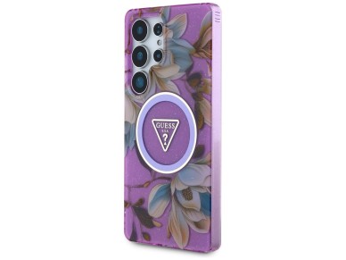 Capa Guess com glitter, flores e botões triangulares MagSafe para Samsung Galaxy S25 Ultra - roxa Capa Guess com glitter, flores e botões triangulares MagSafe para Samsung Galaxy S25 Ultra - roxa