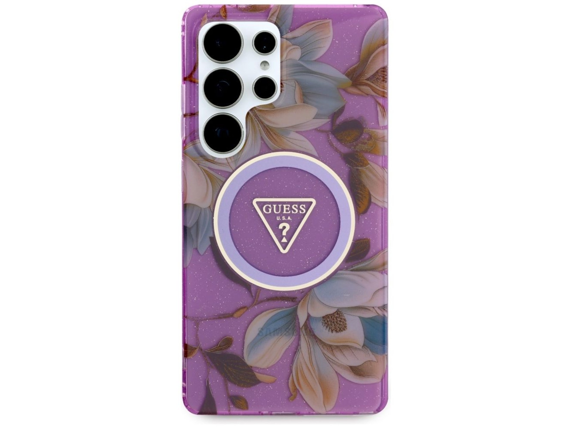 Guess Glitter Flowers Triangle Buttons MagSafe case for Samsung Galaxy S25 Ultra - purple