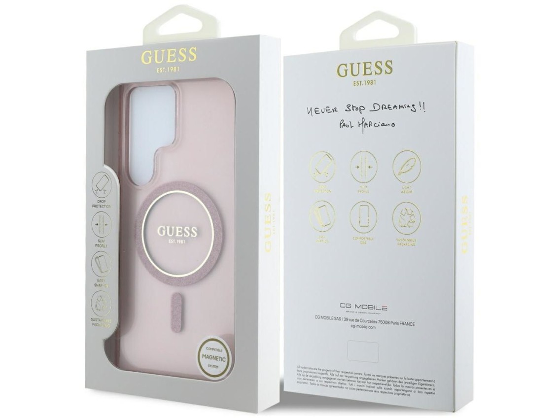 Capa MagSafe Guess Glitter Circle Classic Logo para Samsung Galaxy S25 Ultra - rosa