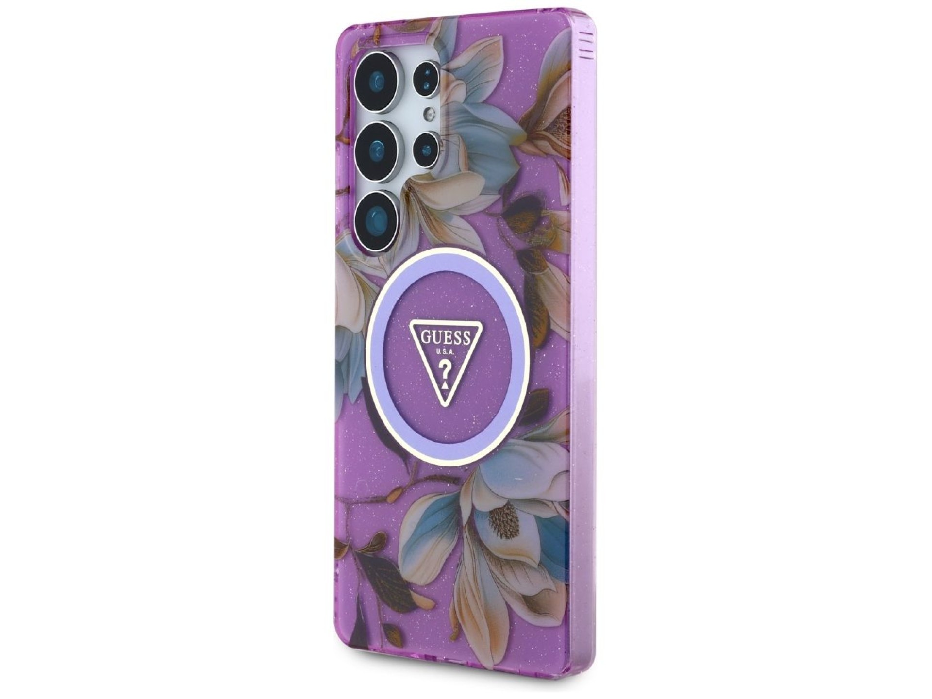 Guess Glitter Flowers Triangle Buttons MagSafe case for Samsung Galaxy S25 Ultra - purple