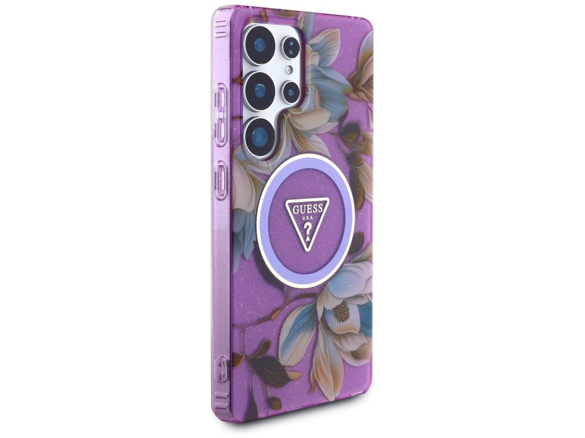 Guess Glitter Flowers Triangle Buttons MagSafe case for Samsung Galaxy S25 Ultra - purple