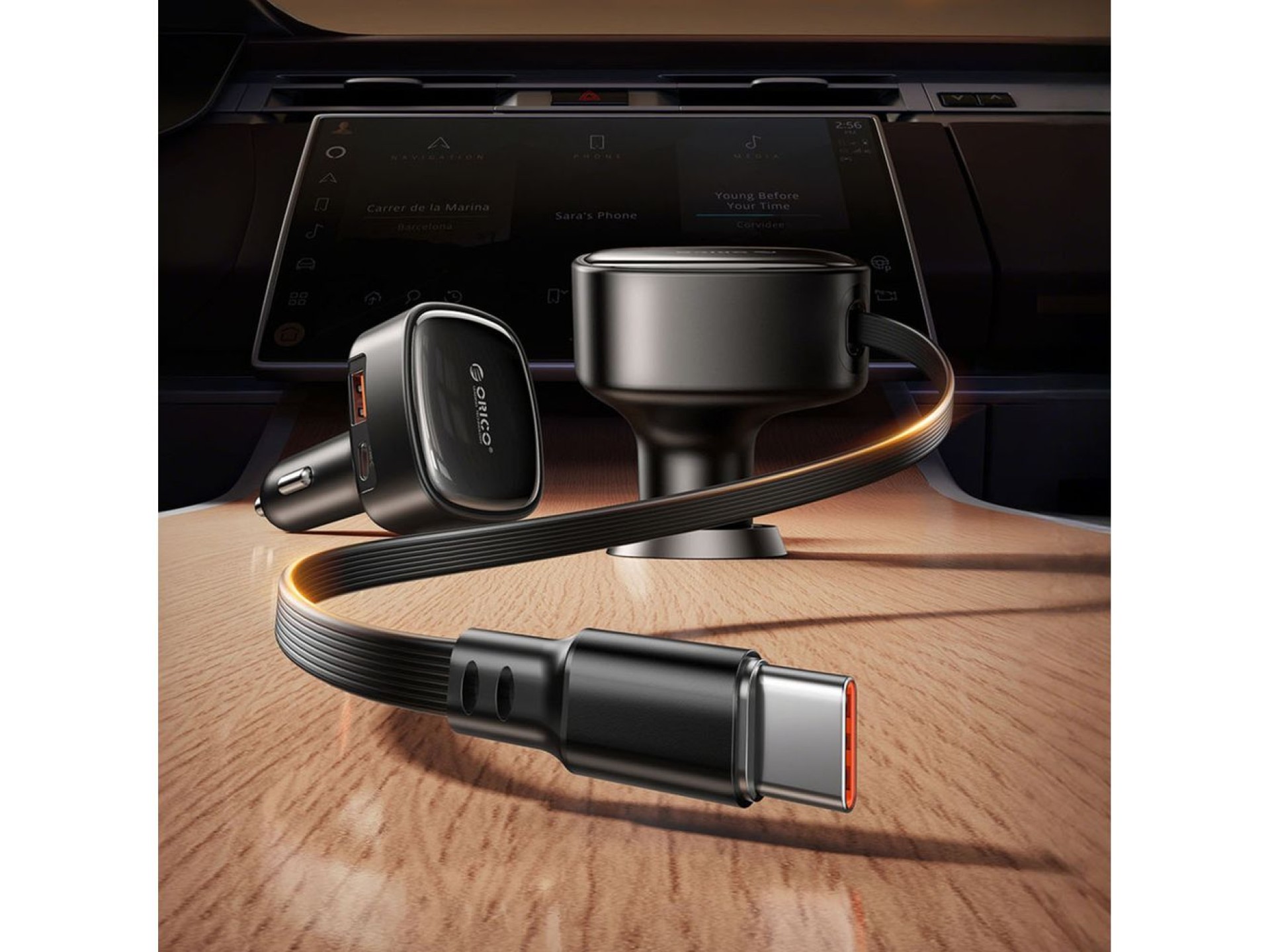 Cargador de coche Orico FC-66-1A2C de 66 W con cable USB-C retráctil integrado - Negro