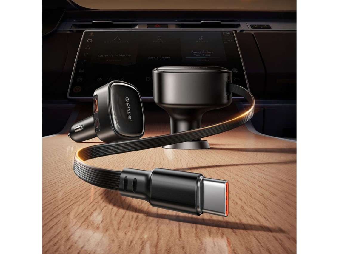 Carregador veicular Orico FC-66-1A2C de 66 W com cabo USB-C retr�til integrado - Preto