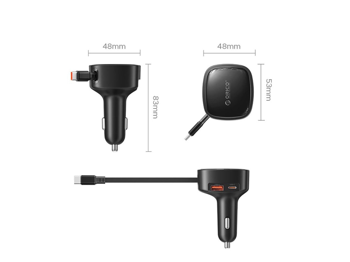 Carregador veicular Orico FC-66-1A2C de 66 W com cabo USB-C retr�til integrado - Preto