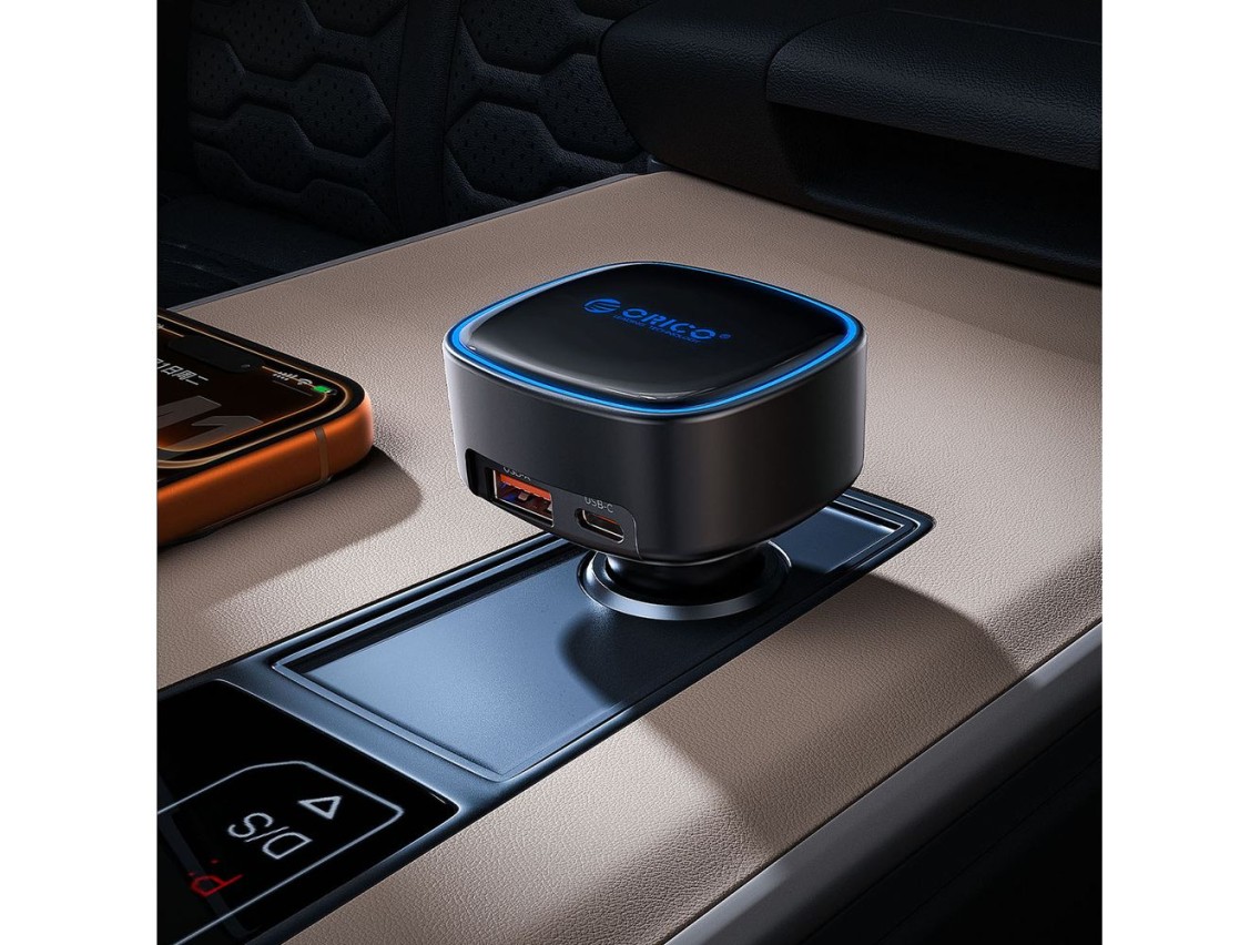Carregador veicular Orico FC-66-1A2C de 66 W com cabo USB-C retr�til integrado - Preto