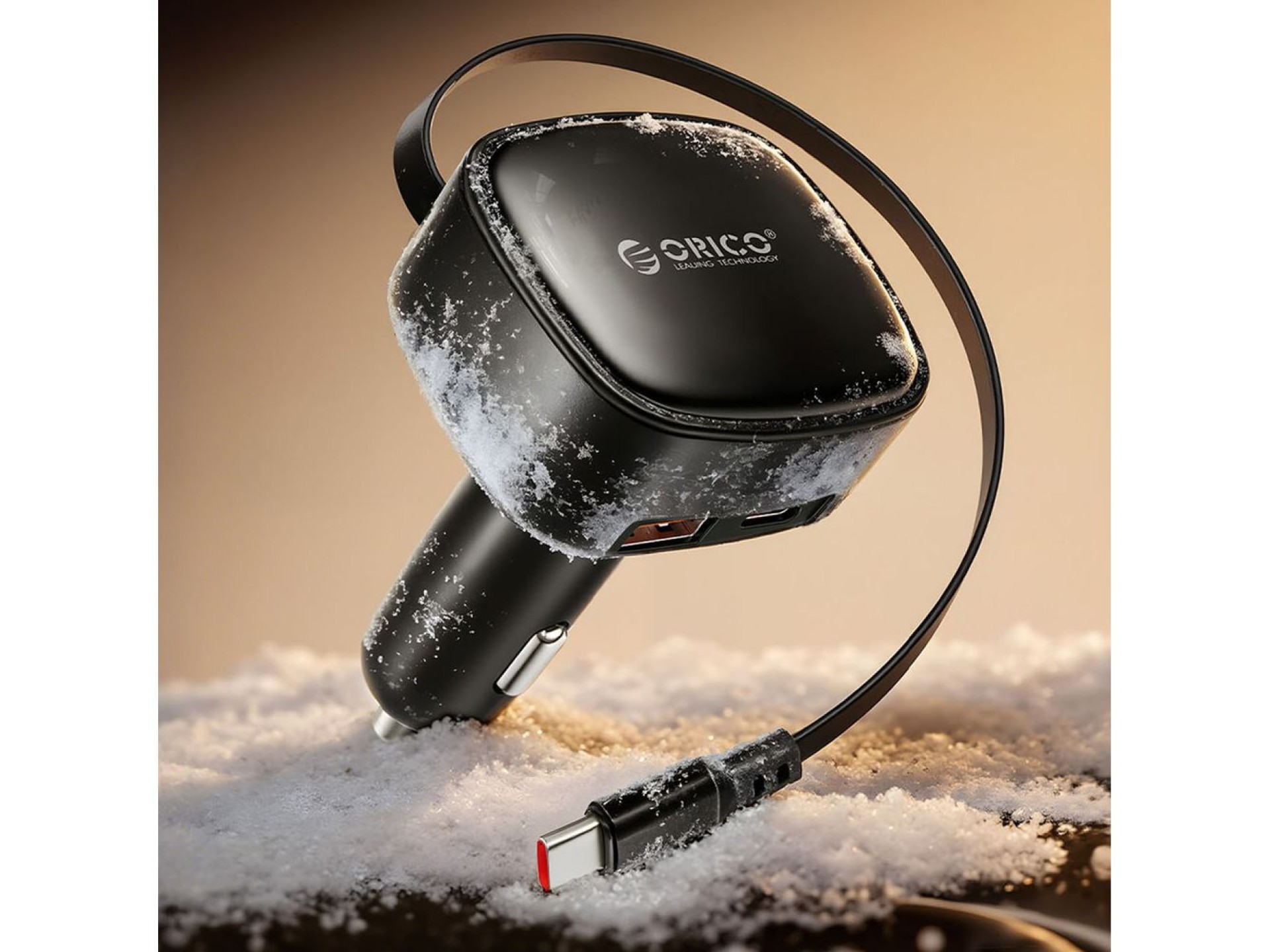 Carregador veicular Orico FC-66-1A2C de 66 W com cabo USB-C retrátil integrado - Preto