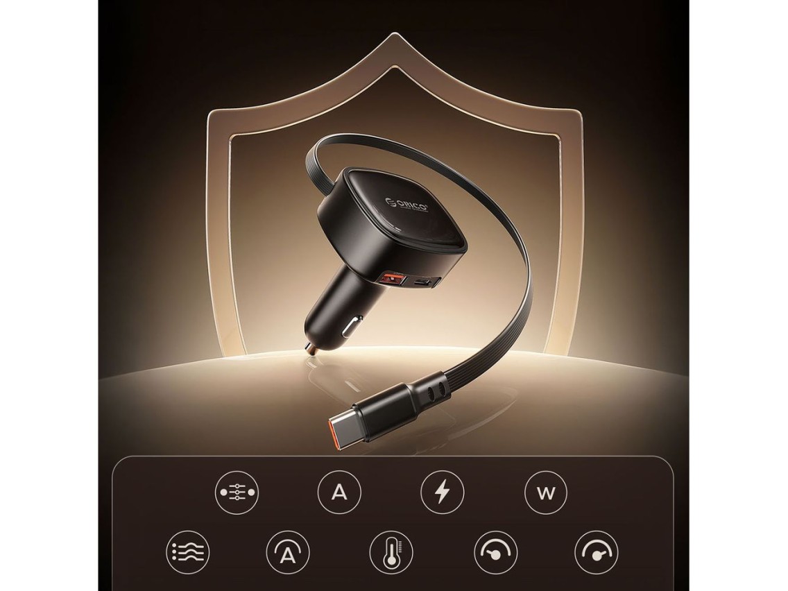 Carregador veicular Orico FC-66-1A2C de 66 W com cabo USB-C retr�til integrado - Preto