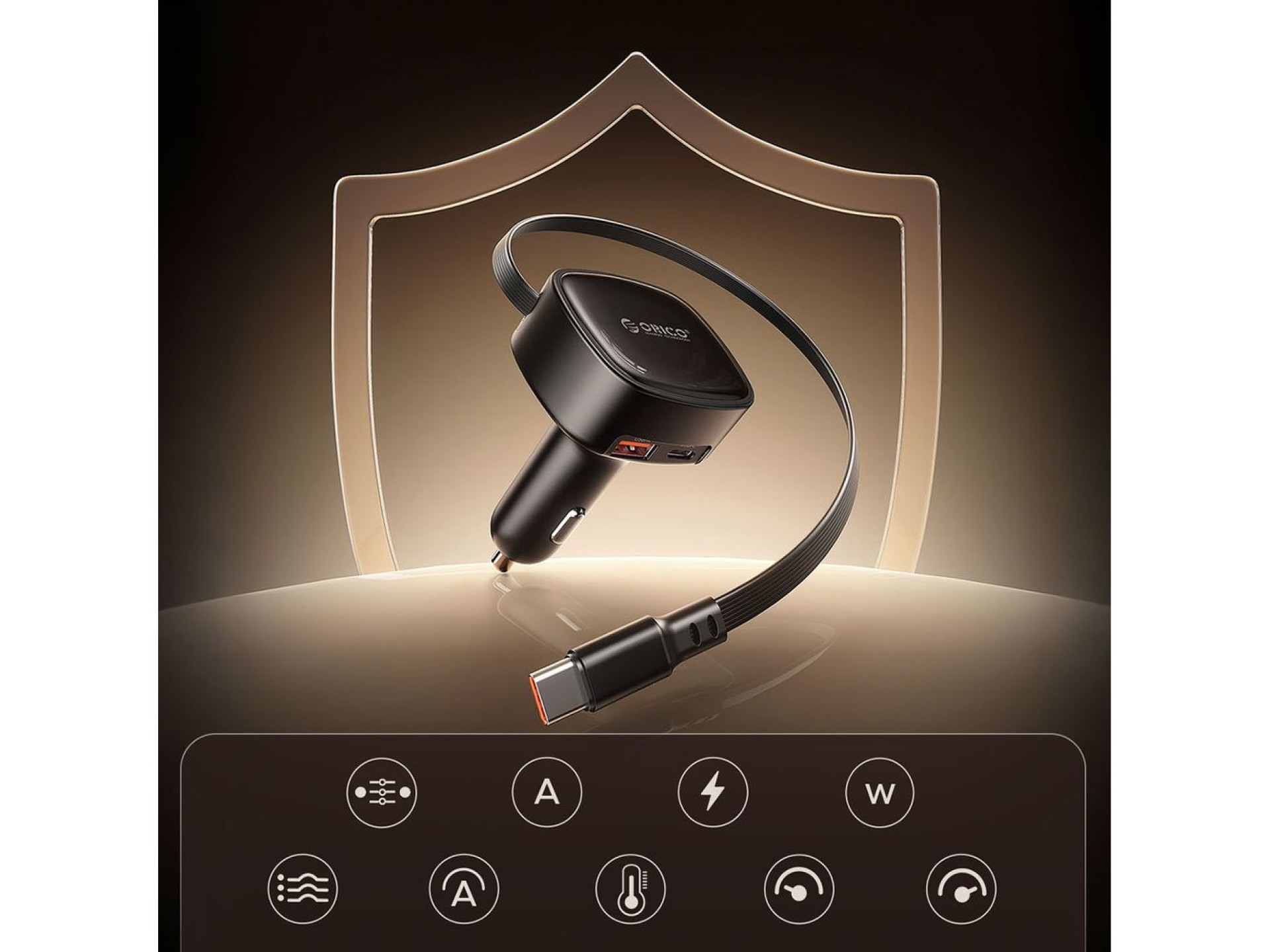 Carregador veicular Orico FC-66-1A2C de 66 W com cabo USB-C retrátil integrado - Preto