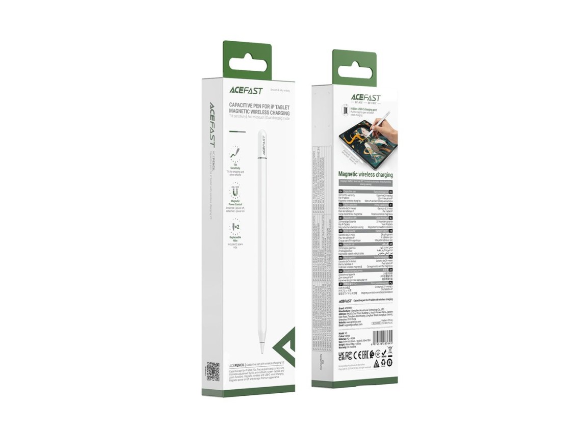 Acefast V3 Capacitive Stylus for iPad with Wireless Charging and 2 Interchangeable Tips - White