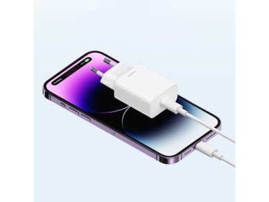 Cargador CUKTECH de 20 W con puerto USB tipo C y enchufe europeo, color blanco.