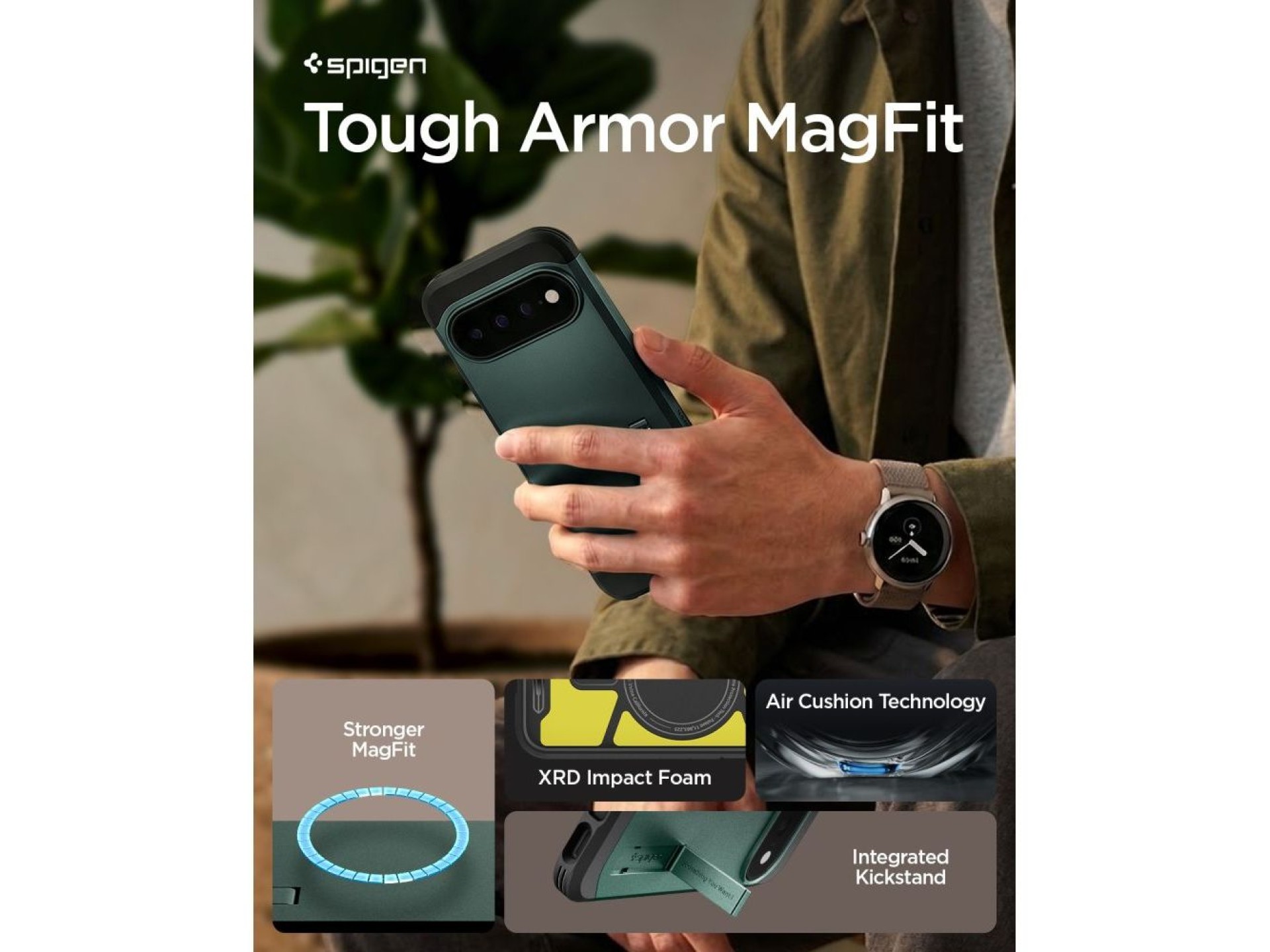 Funda Spigen Tough Armor Mag MagSafe para Google Pixel 11 Pro - Verde oscuro