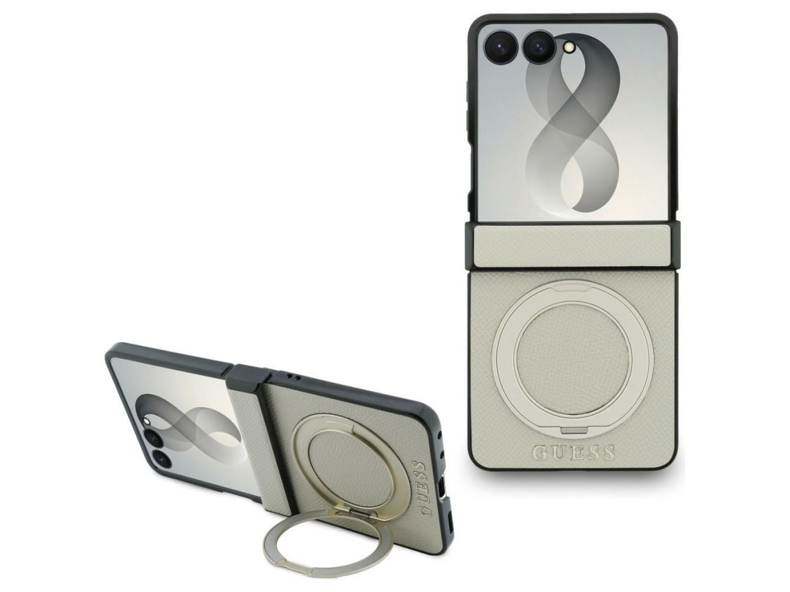 Funda Guess Magnetic Ring Stand Grained Classic Logo MagSafe para Samsung Galaxy Z Flip 8 - beige