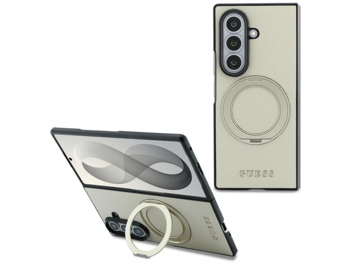 Capa MagSafe Guess com suporte magnético em anel e logotipo clássico texturizado para Samsung Galaxy