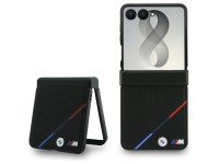 BMW M Leather Perforated Tricolor Stripe Metal Logos MagSafe Case for Samsung Galaxy Z Flip 8 - Blac