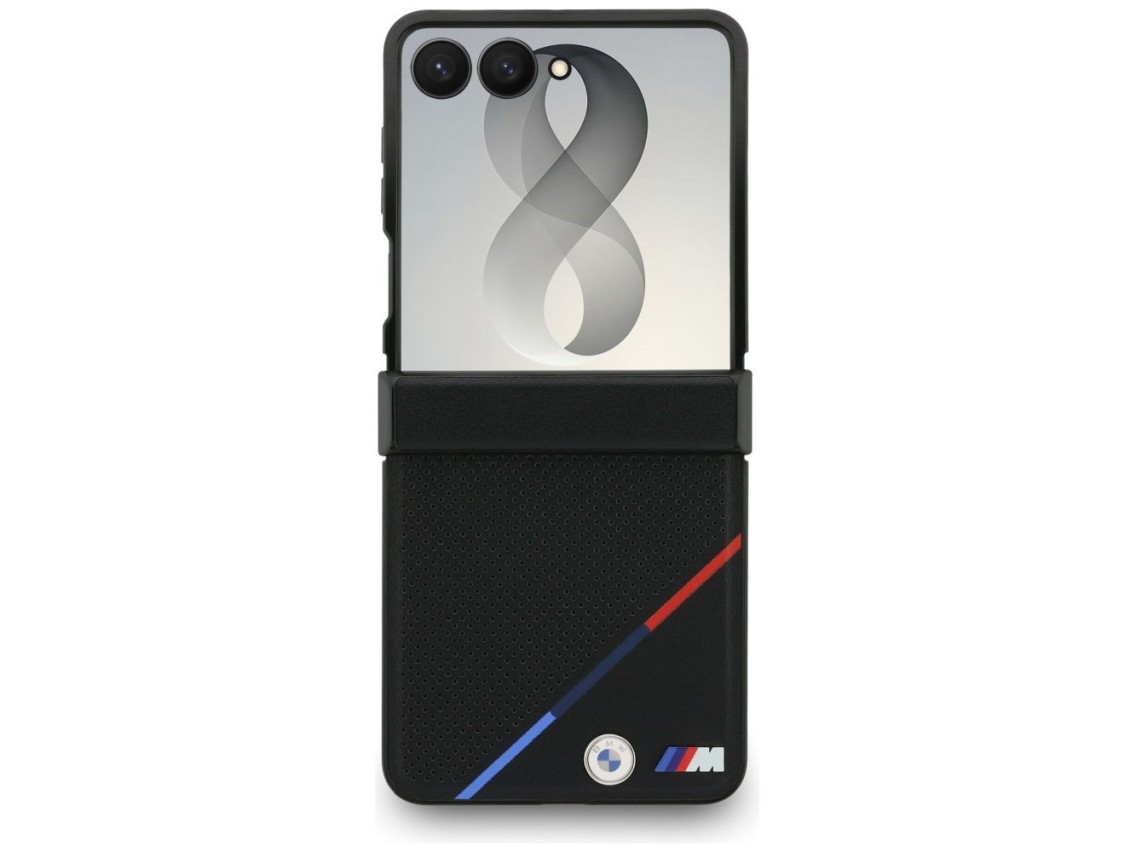 BMW M Leather Perforated Tricolor Stripe Metal Logos MagSafe Case for Samsung Galaxy Z Flip 8 - Blac