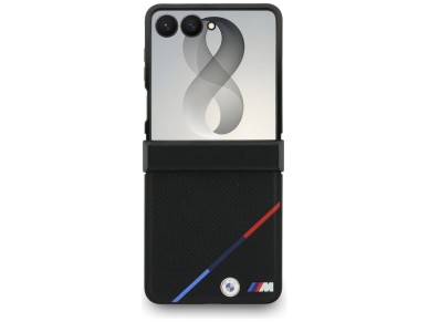 BMW M Leather Perforated Tricolor Stripe Metal Logos MagSafe Case for Samsung Galaxy Z Flip 8 - Blac