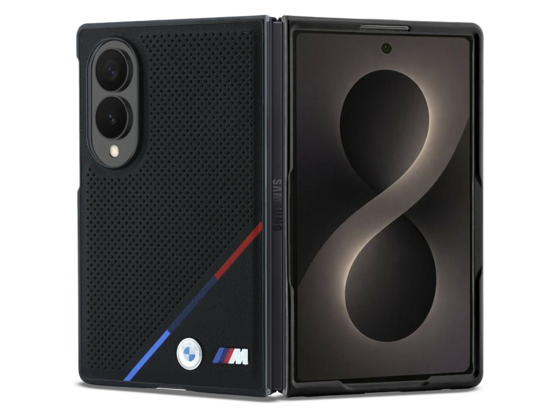 BMW M Leather Perforated Tricolor Stripe Metal Logos MagSafe Case for Samsung Galaxy Z Fold 8 - Blac