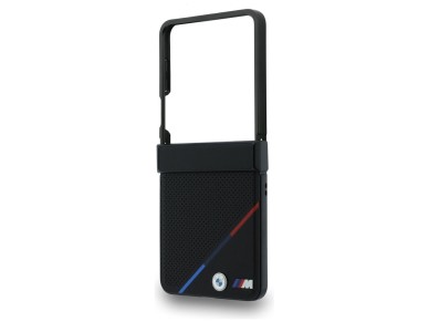 BMW M Leather Perforated Tricolor Stripe Metal Logos MagSafe Case for Samsung Galaxy Z Flip 8 - Blac