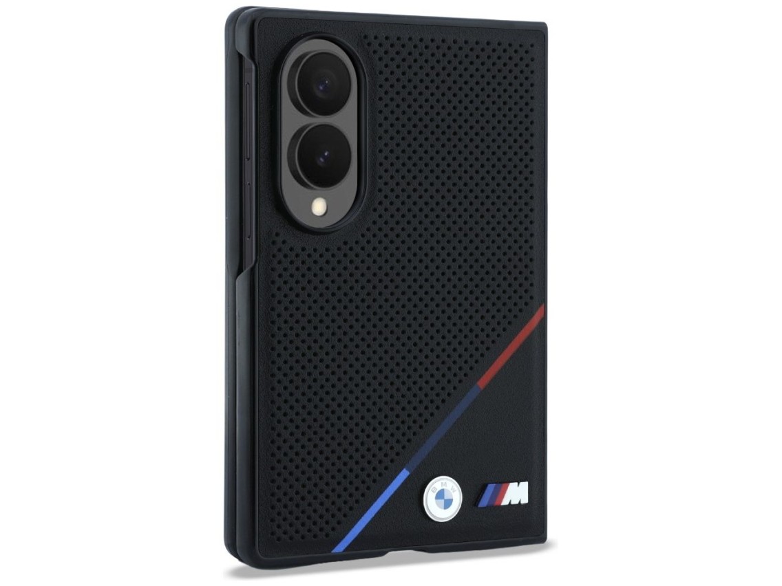BMW M Leather Perforated Tricolor Stripe Metal Logos MagSafe Case for Samsung Galaxy Z Fold 8 - Blac