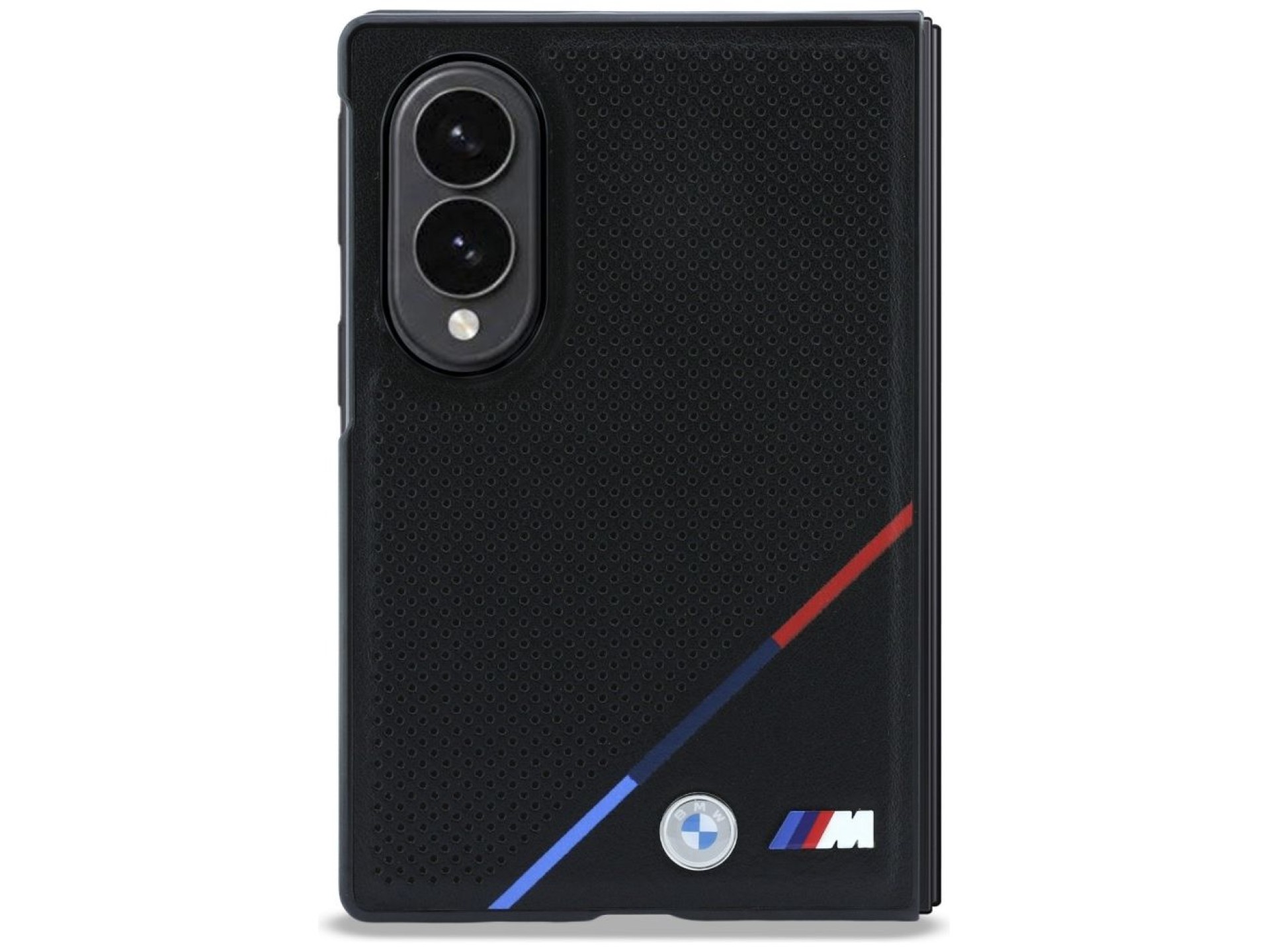 BMW M Leather Perforated Tricolor Stripe Metal Logos MagSafe Case for Samsung Galaxy Z Fold 8 - Blac