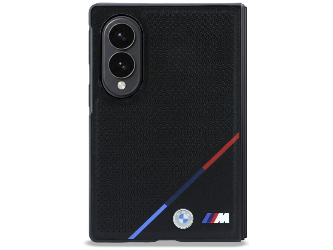 BMW M Leather Perforated Tricolor Stripe Metal Logos MagSafe Case for Samsung Galaxy Z Fold 8 - Blac