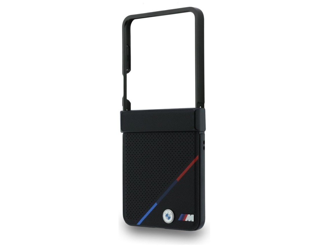 BMW M Leather Perforated Tricolor Stripe Metal Logos MagSafe Case for Samsung Galaxy Z Flip 8 - Blac
