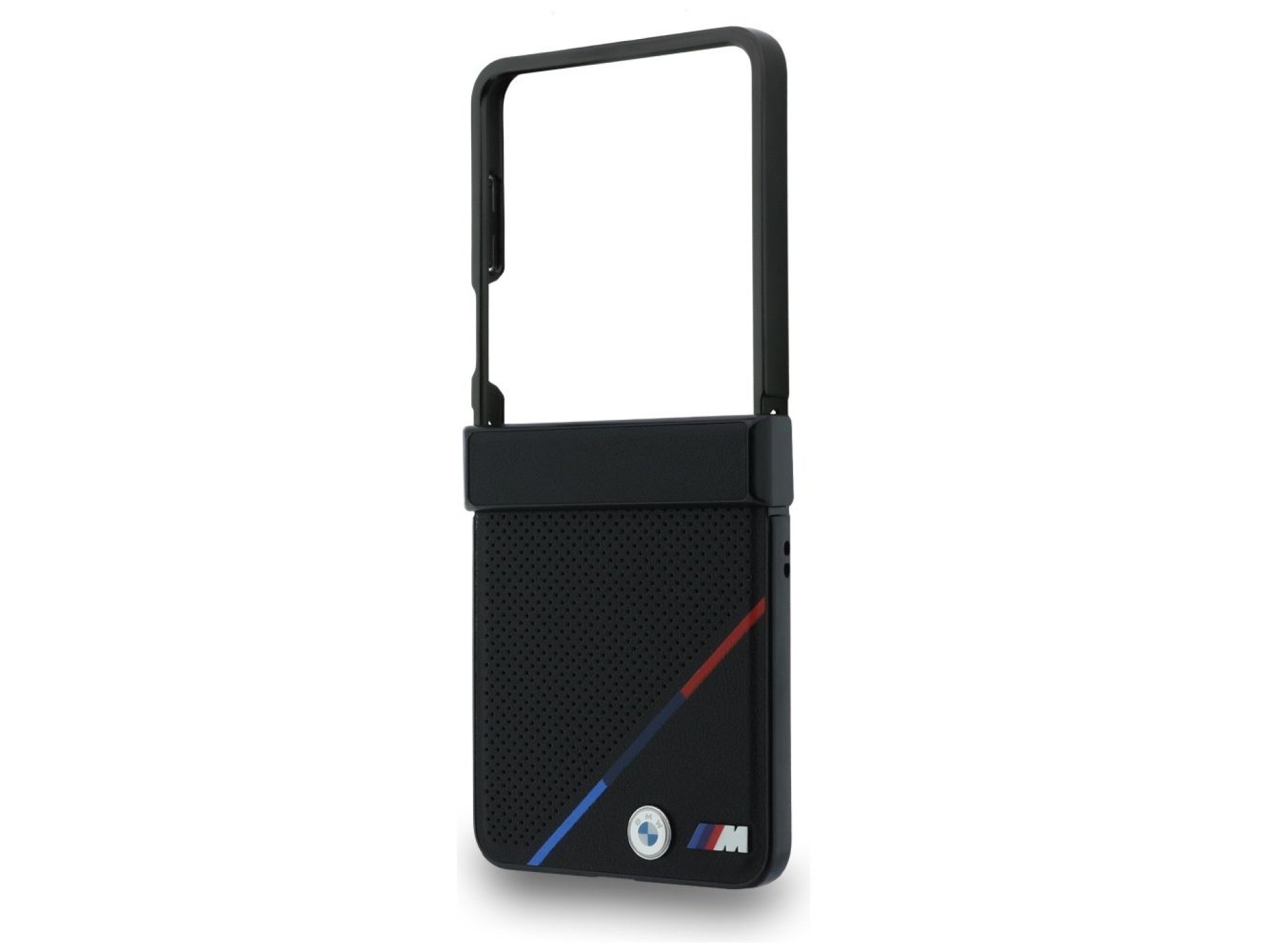 BMW M Leather Perforated Tricolor Stripe Metal Logos MagSafe Case for Samsung Galaxy Z Flip 8 - Blac