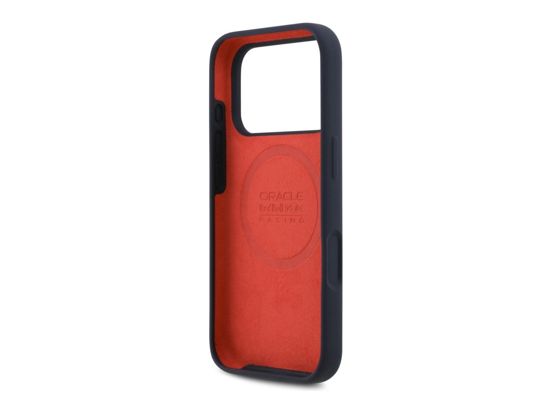 Capa MagSafe de silicone Red Bull com anel vermelho para iPhone 17 Pro, azul marinho.