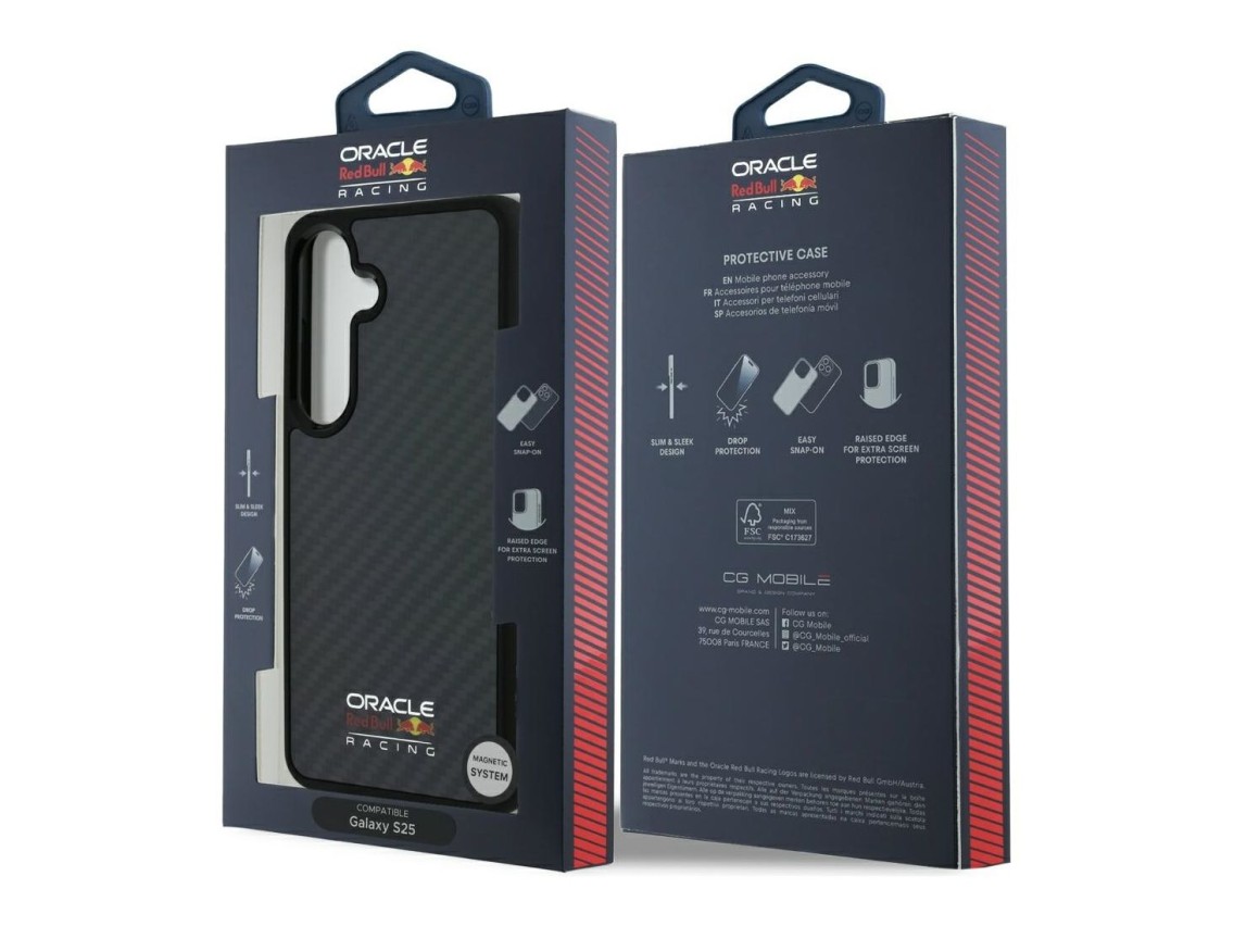 Funda MagSafe Red Bull de fibra de carbono brillante con logo para Samsung Galaxy S25 (negra)
