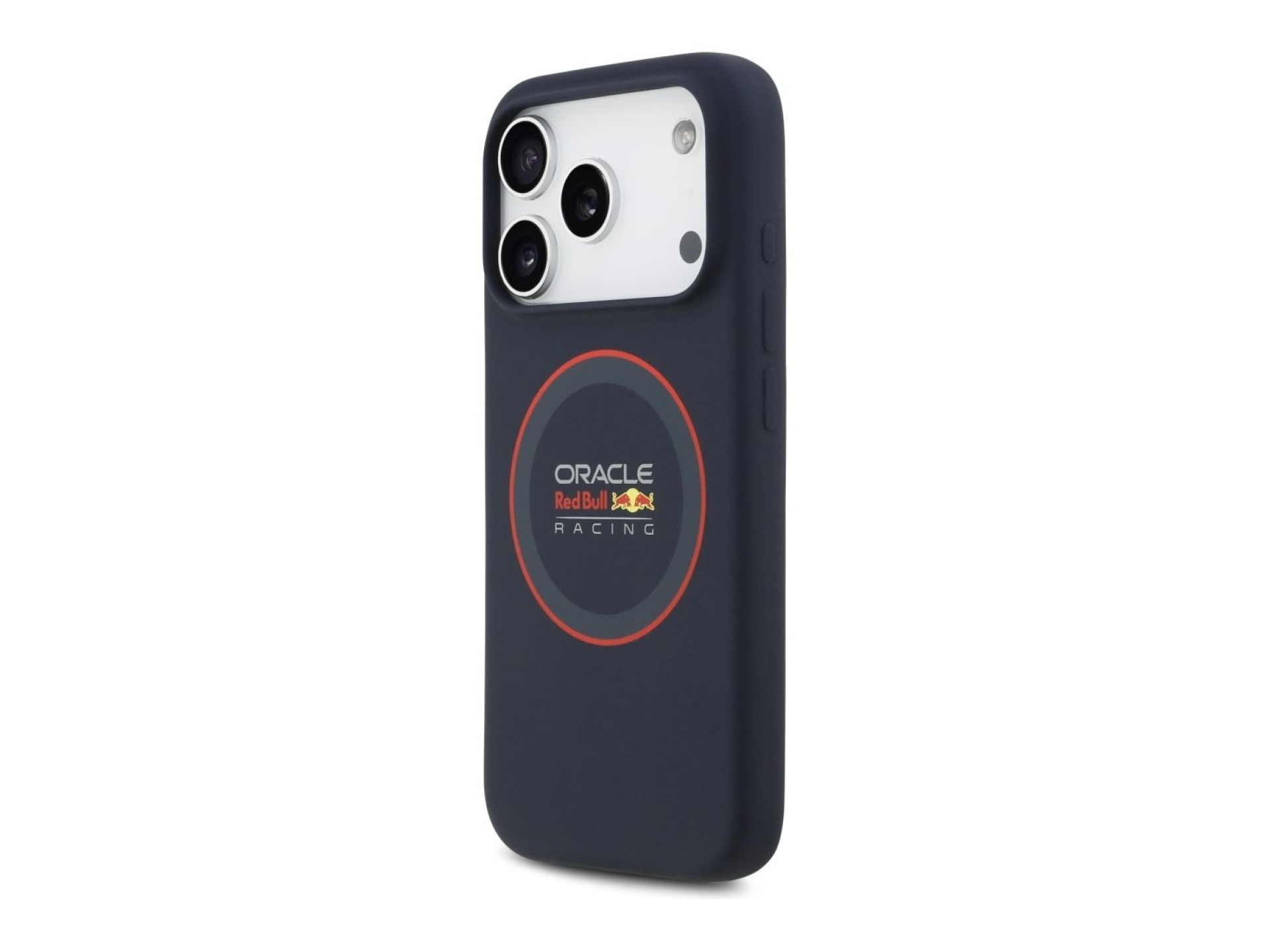 Capa MagSafe de silicone Red Bull com anel vermelho para iPhone 17 Pro, azul marinho.