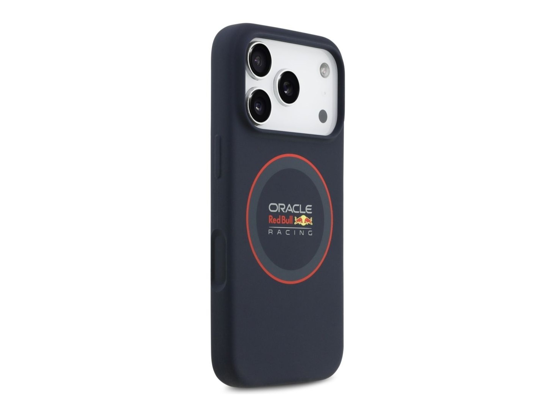Capa MagSafe de silicone Red Bull com anel vermelho para iPhone 17 Pro, azul marinho.