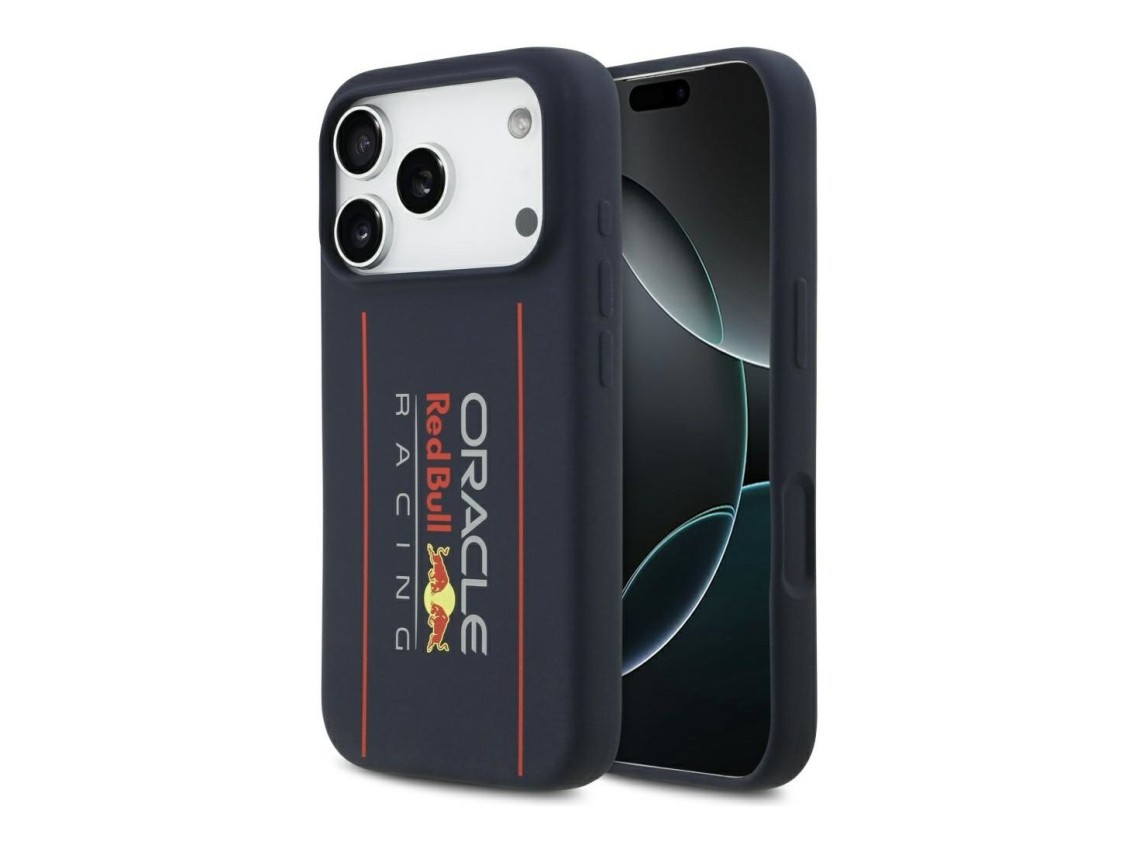 Capa MagSafe de silicone Red Bull com logotipo vertical grande para iPhone 17 Pro, azul marinho.