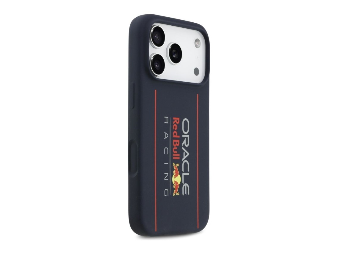 Capa MagSafe de silicone Red Bull com logotipo vertical grande para iPhone 17 Pro, azul marinho.