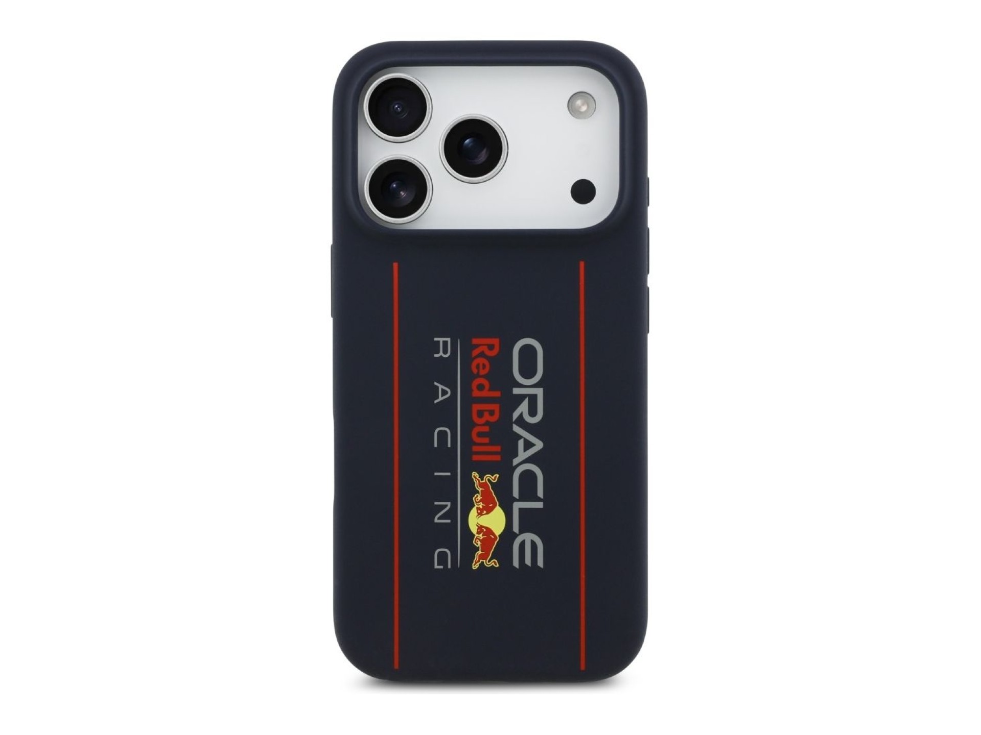 Capa MagSafe de silicone Red Bull com logotipo vertical grande para iPhone 17 Pro, azul marinho.