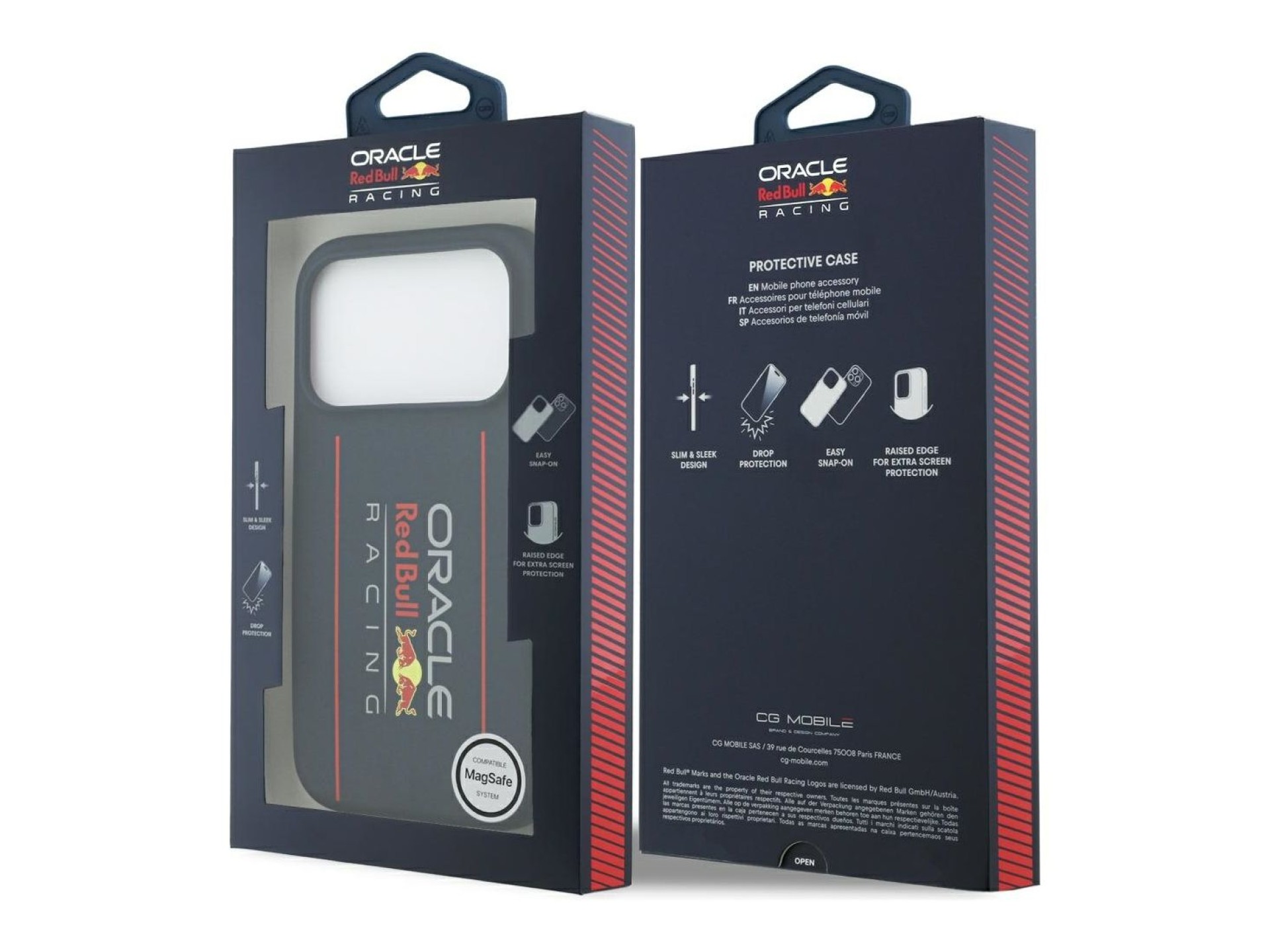 Capa MagSafe de silicone Red Bull com logotipo vertical grande para iPhone 17 Pro, azul marinho.