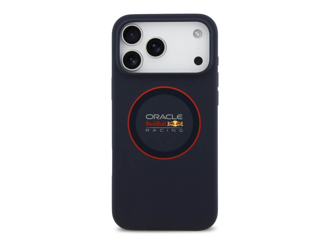 Capa MagSafe de silicone Red Bull com anel vermelho para iPhone 17 Pro Max, azul marinho.