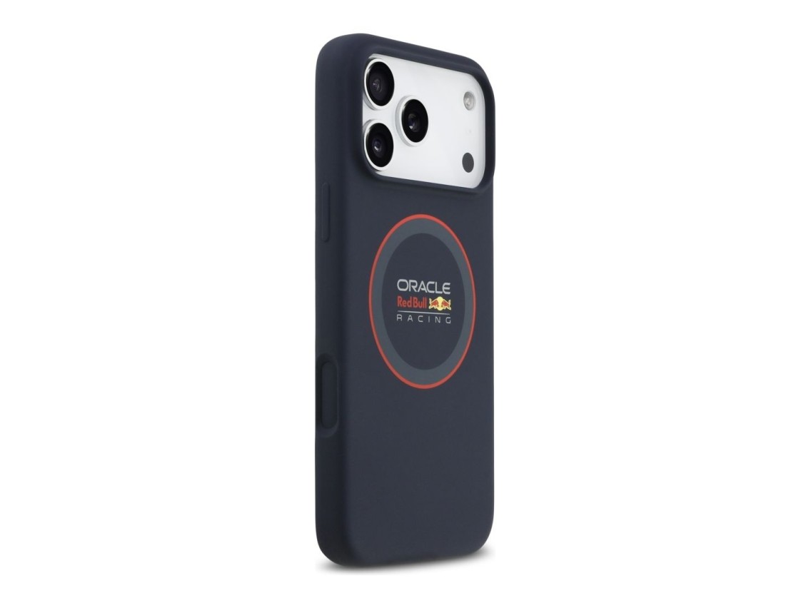 Capa MagSafe de silicone Red Bull com anel vermelho para iPhone 17 Pro Max, azul marinho.