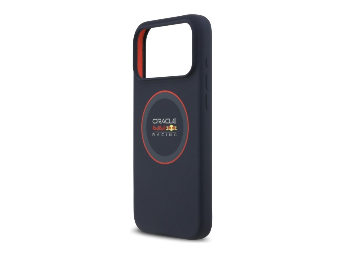 Capa MagSafe de silicone Red Bull com anel vermelho para iPhone 17 Pro Max, azul marinho.