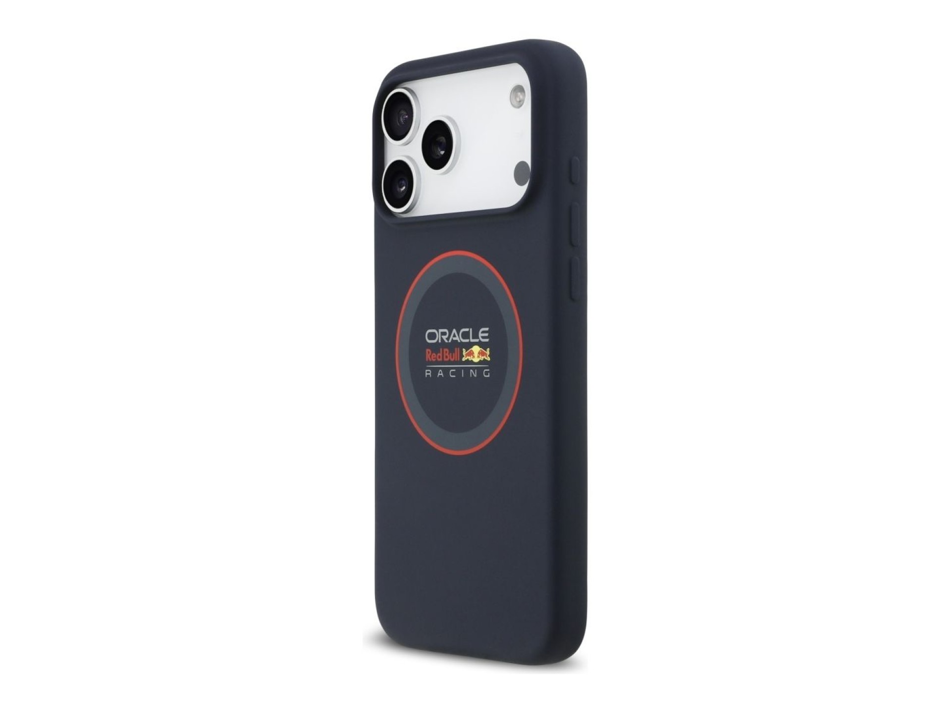 Capa MagSafe de silicone Red Bull com anel vermelho para iPhone 17 Pro Max, azul marinho.