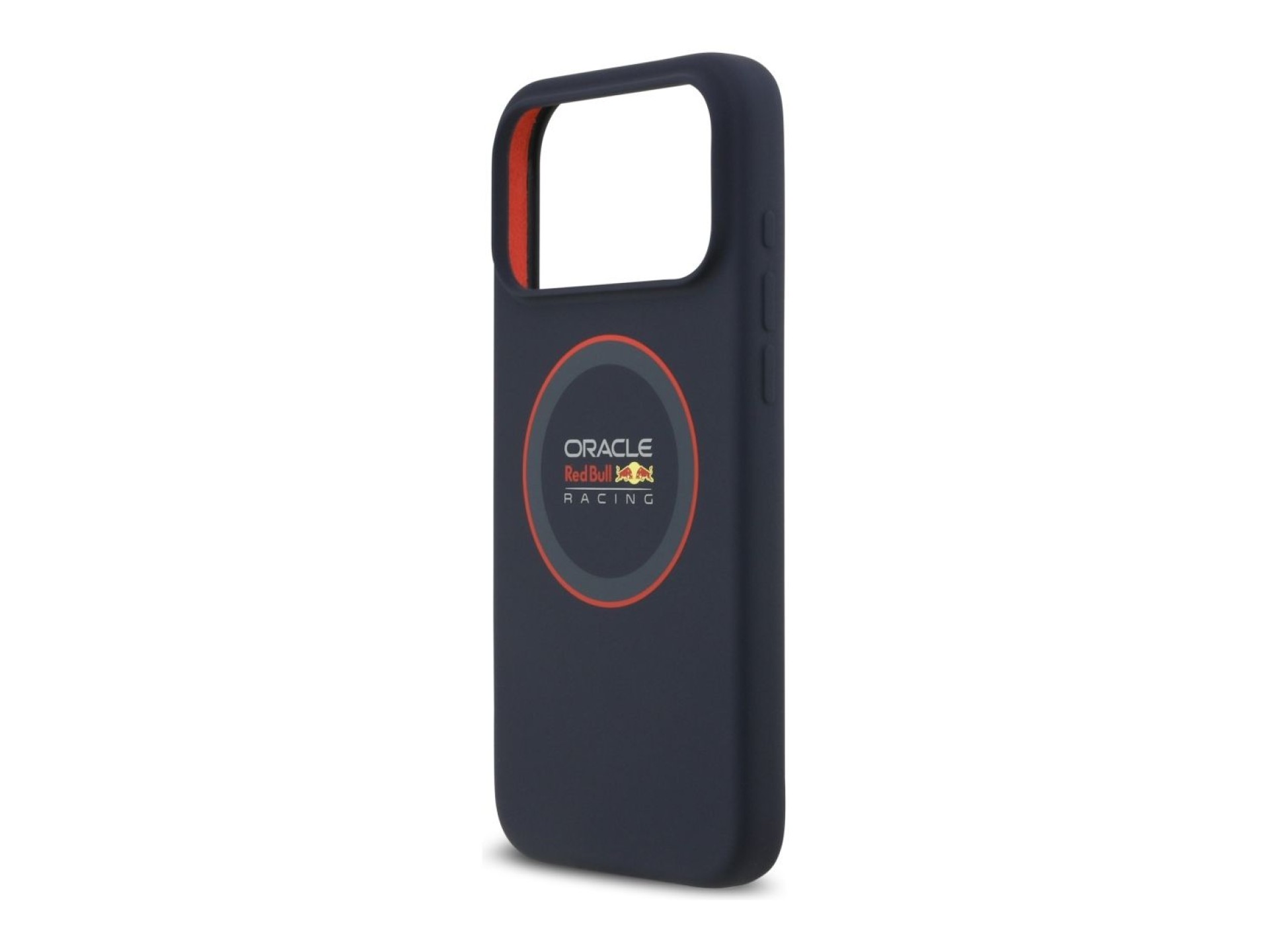 Capa MagSafe de silicone Red Bull com anel vermelho para iPhone 17 Pro Max, azul marinho.
