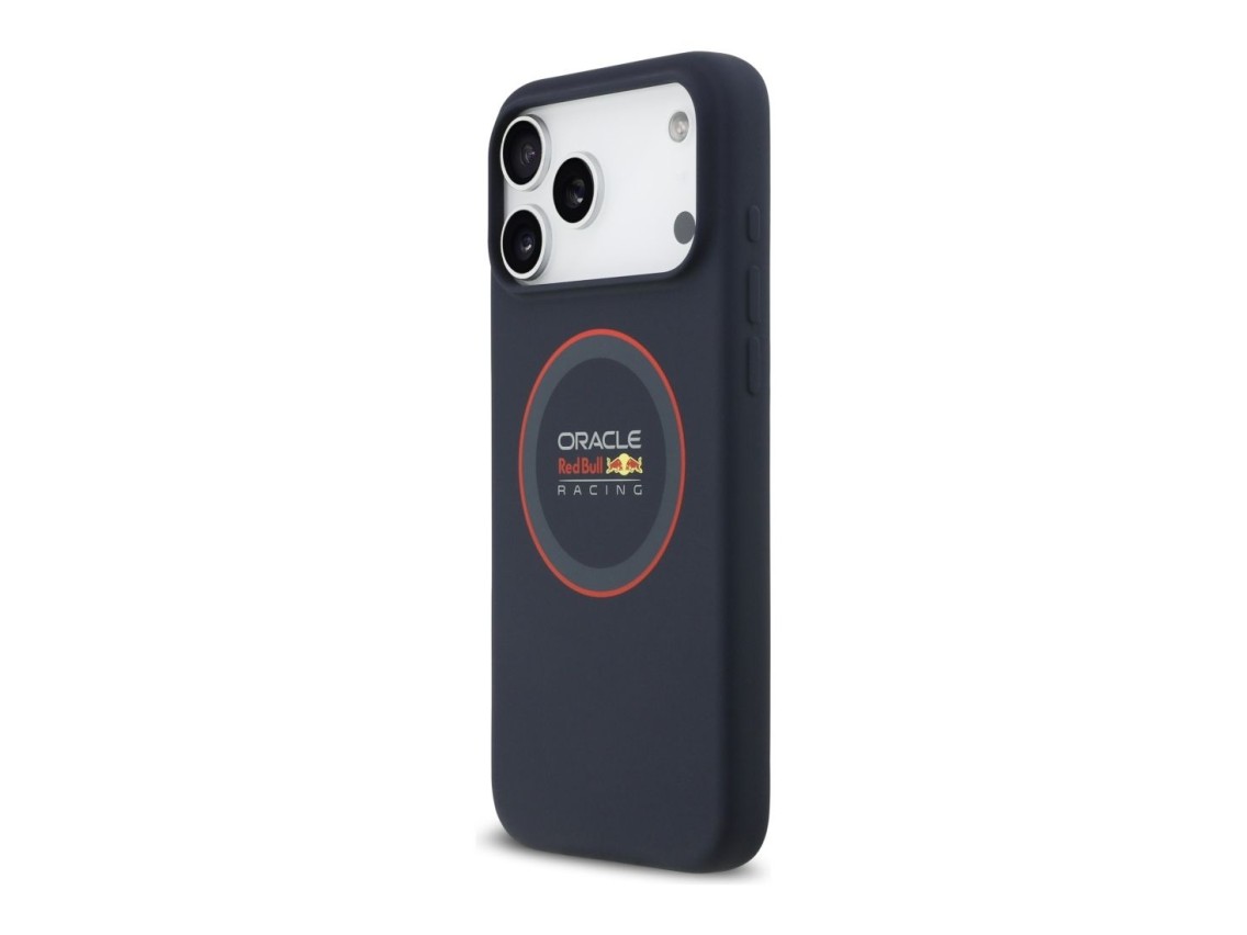 Capa MagSafe de silicone Red Bull com anel vermelho para iPhone 17 Pro Max, azul marinho.