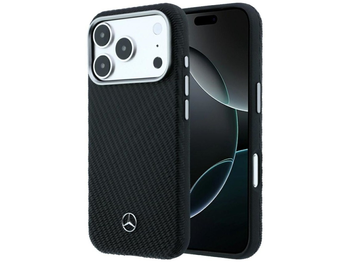 Capa Mercedes em couro com efeito madeira e MagSafe para iPhone 17 Pro Max / 18 Pro Max - Preta