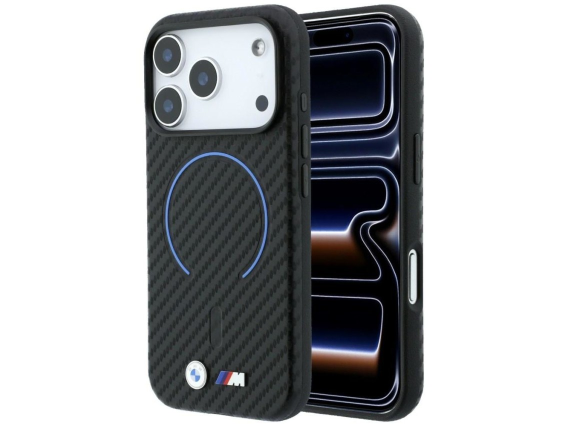 Capa MagSafe BMW M com anel impresso em fibra de carbono para iPhone 17 Pro Max / 18 Pro Max - Preta