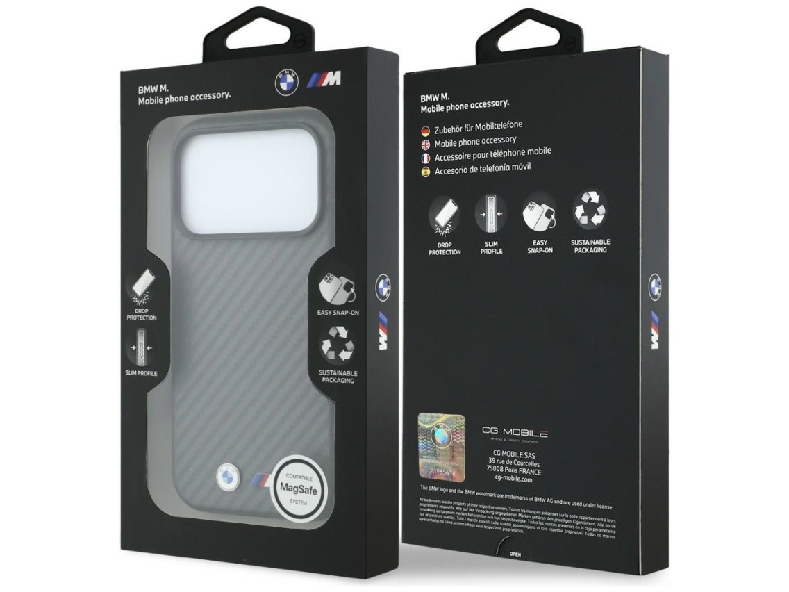 Capa MagSafe BMW M Carbon Metal Logo para iPhone 17 Pro Max / 18 Pro Max - Cinza