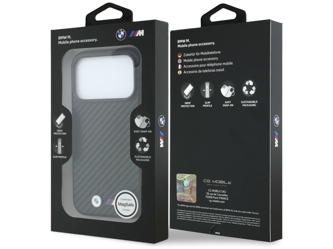 Funda BMW M Carbon Metal Logo MagSafe para iPhone 17 Pro / 18 Pro - Negra