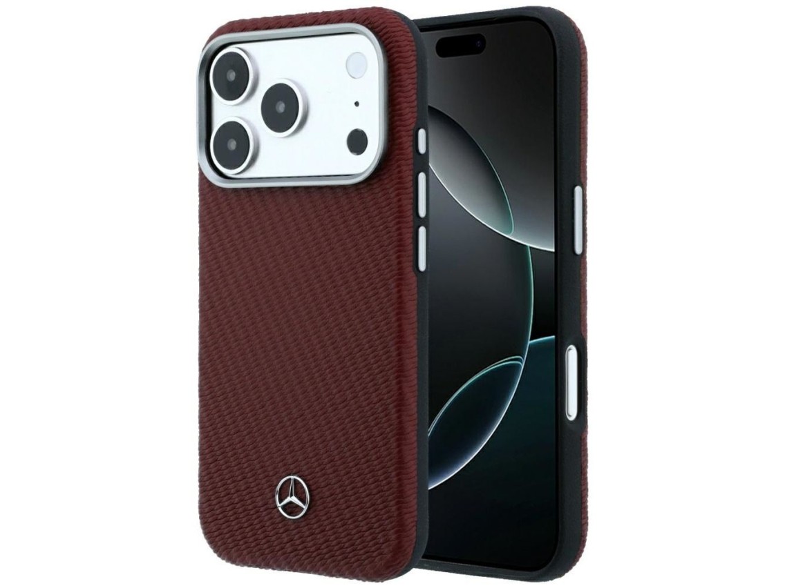 Capa Mercedes em couro com efeito madeira e MagSafe para iPhone 17 Pro Max / 18 Pro Max - bordô